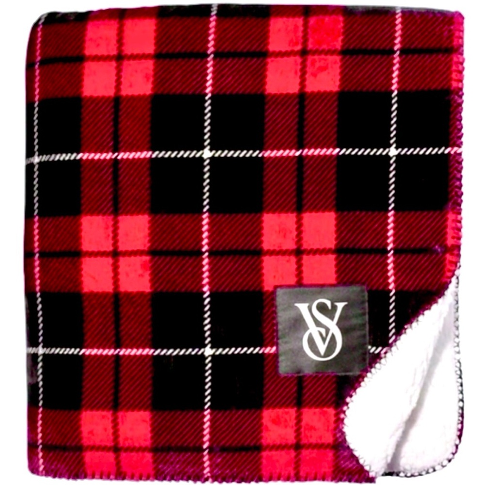 Victoria's Secret Red and Black Plaid Sherpa Throw Blanket